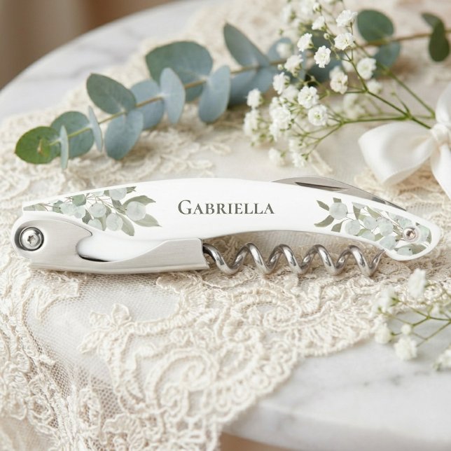 Rustic Watercolor Eucalyptus Bridesmaid Name Corkscrew (Creator Uploaded)