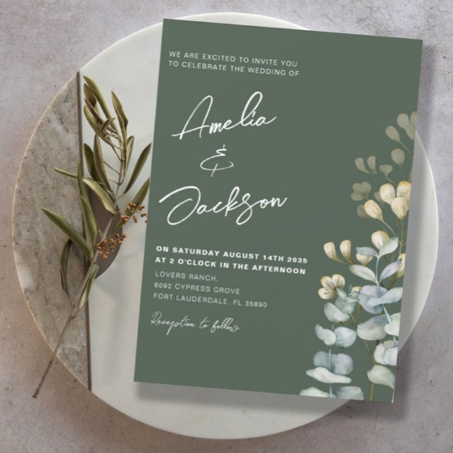 Rustic Watercolor Eucalyptus Dark Green Wedding  Invitation (Creator Uploaded)