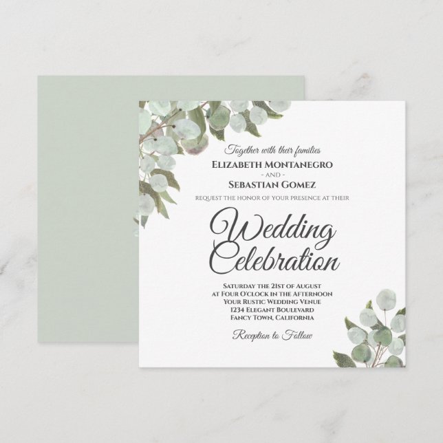 Rustic Watercolor Eucalyptus Elegant Wedding Invitation (Front/Back)