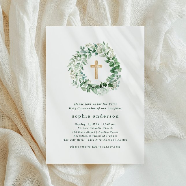 Rustic Watercolor Eucalyptus First Holy Communion Invitation (Creator Uploaded)