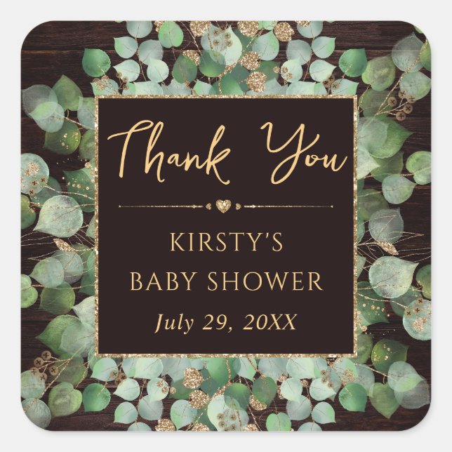 Rustic Watercolor Eucalyptus Foliage Baby Shower Square Sticker (Front)