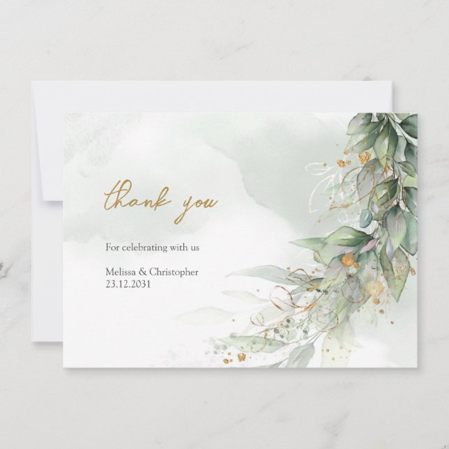 Rustic watercolor eucalyptus greenery gold thank you card (Front)