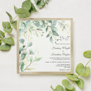 Rustic watercolor eucalyptus greenery gold Wedding Invitation
