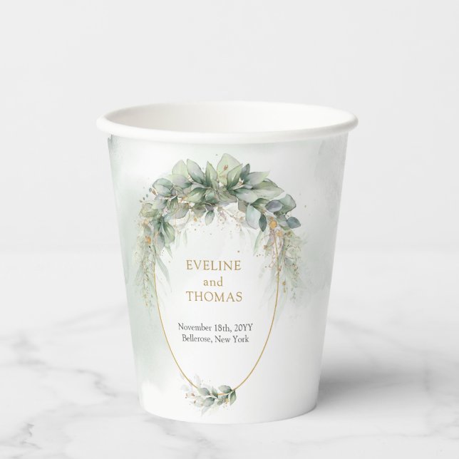 Rustic watercolor eucalyptus greenery gold wedding paper cups (Front)