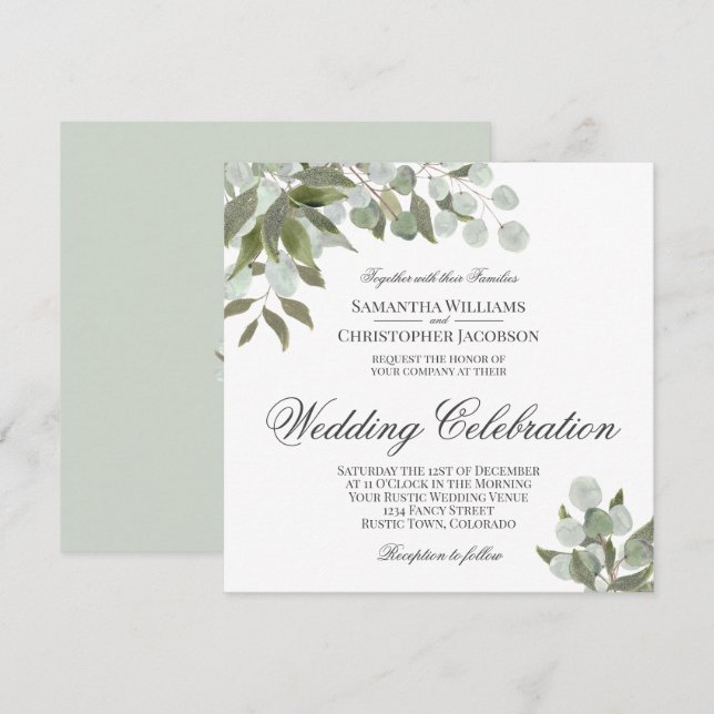 Rustic Watercolor Eucalyptus & Greenery Wedding Invitation (Front/Back)