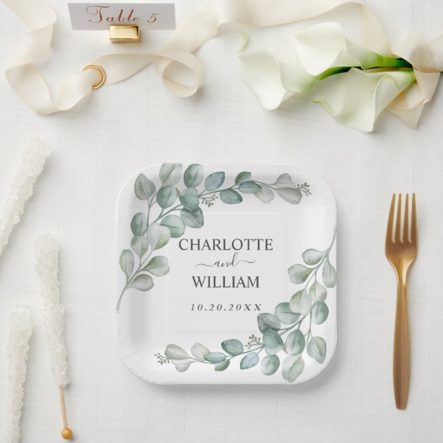 Rustic Watercolor Eucalyptus Greenery Wedding Paper Plate (Wedding)