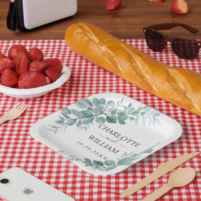 Rustic Watercolor Eucalyptus Greenery Wedding Paper Plate (Picnic)