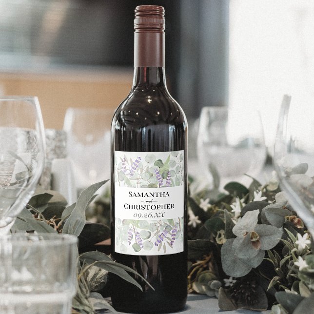 Rustic Watercolor Eucalyptus & Lavender Wedding Wine Label (Creator Uploaded)