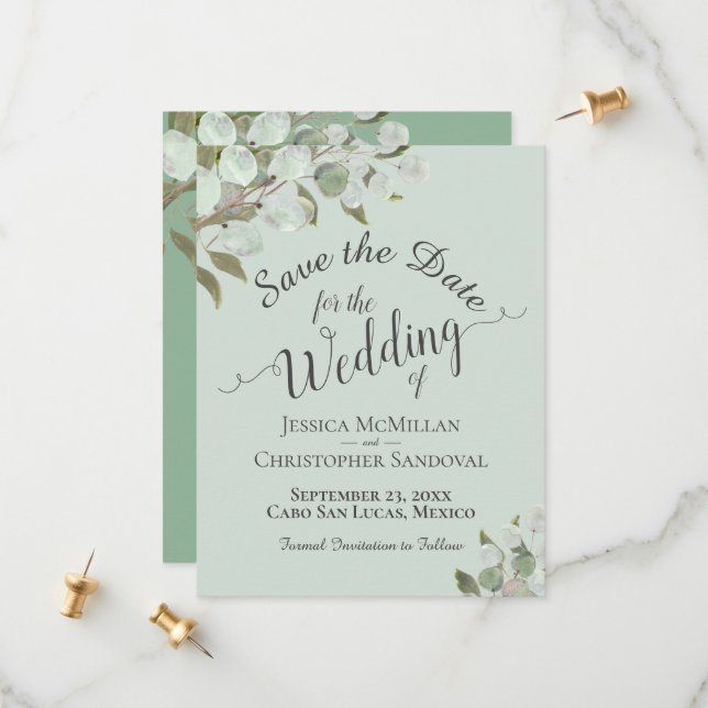 Rustic Watercolor Eucalyptus Leaves Mint Wedding Save The Date (Front/Back In Situ)