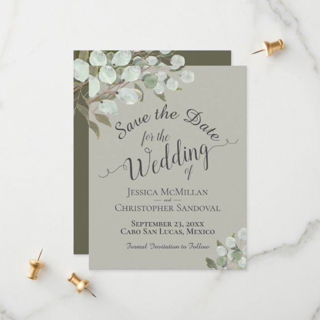 Rustic Watercolor Eucalyptus Leaves Sage Wedding Save The Date (Front/Back In Situ)