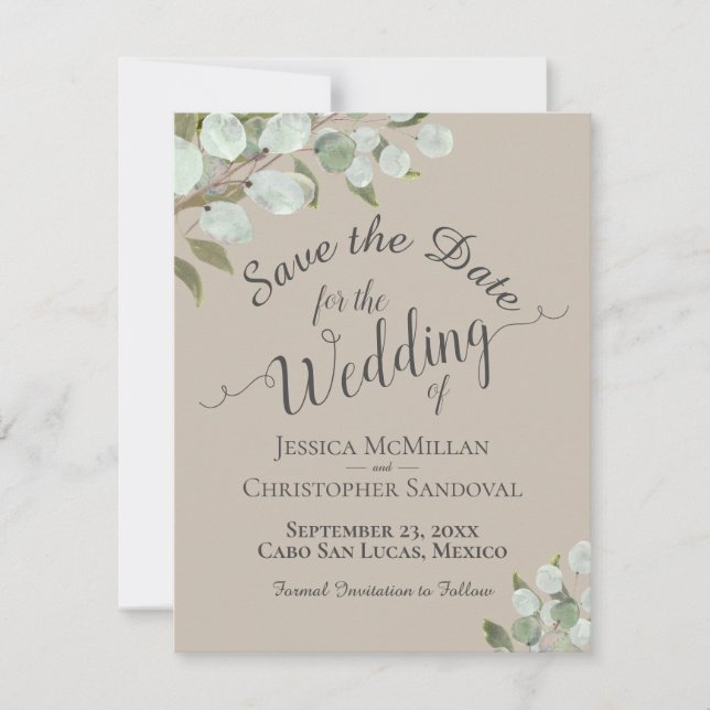 Rustic Watercolor Eucalyptus Leaves Tan Wedding Save The Date (Front)