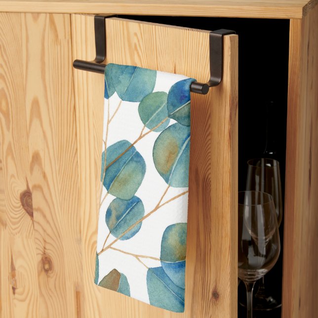 Rustic Watercolor Eucalyptus Leaves   Tea Towel (Thirds Fold)