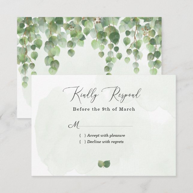 Rustic Watercolor Eucalyptus Leaves Wedding RSVP Card (Front/Back)