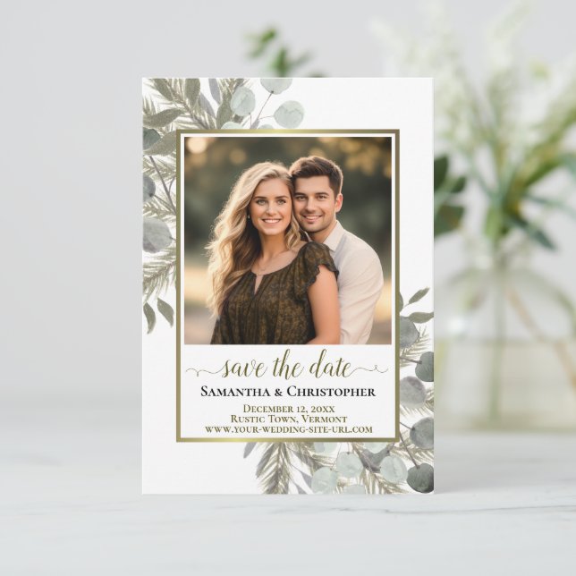 Rustic Watercolor Eucalyptus & Pine Photo Wedding Save The Date (Standing Front)