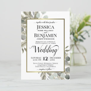 Rustic Watercolor Eucalyptus & Pine Winter Wedding Invitation