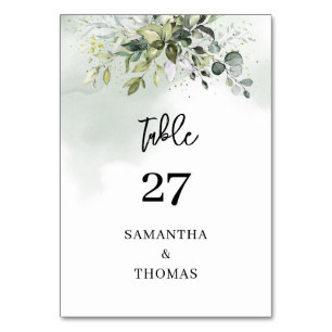 Rustic watercolor eucalyptus sage greenery gold table number