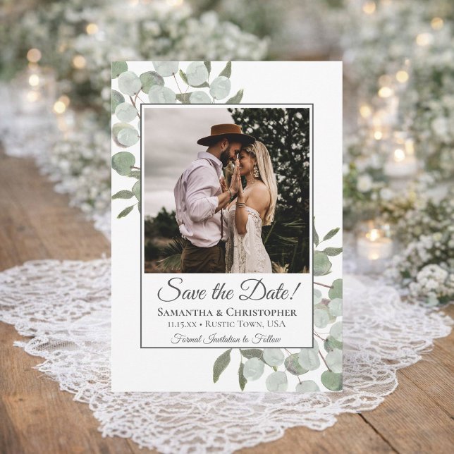 Rustic Watercolor Eucalyptus Square Photo Wedding Save The Date (Creator Uploaded)