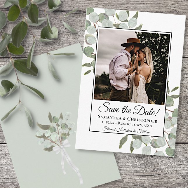 Rustic Watercolor Eucalyptus Square Photo Wedding Save The Date (Front and Back)