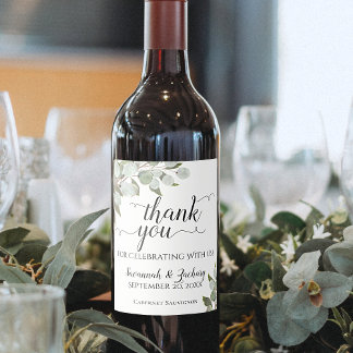 Rustic Watercolor Eucalyptus Wedding Thank You Wine Label