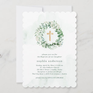 Rustic Watercolor Eucalyptus with Green   Baptism Invitation