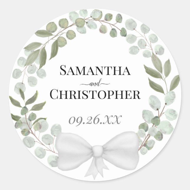 Rustic Watercolor Eucalyptus Wreath Wedding Classic Round Sticker (Front)