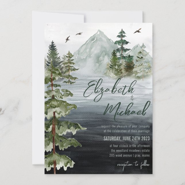 Rustic Watercolor Evergreen Mountain Wedding Invitation (Front)