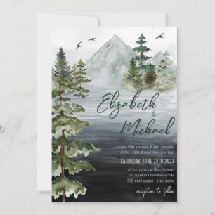 Rustic Watercolor Evergreen Mountain Wedding Invitation