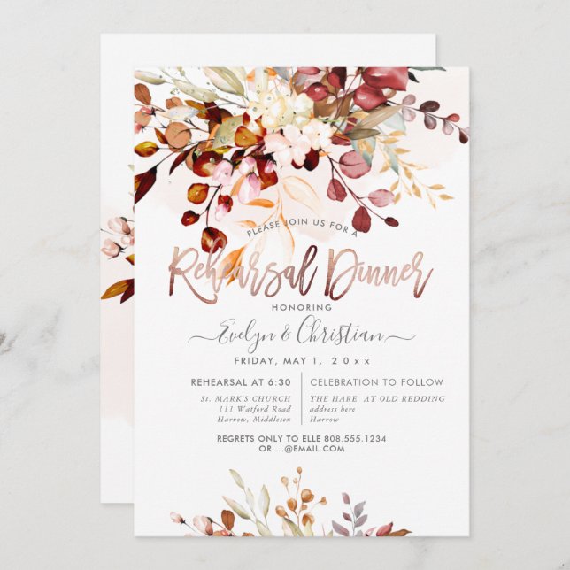 Rustic Watercolor Fall Eucalyptus Rehearsal Dinner Invitation (Front/Back)