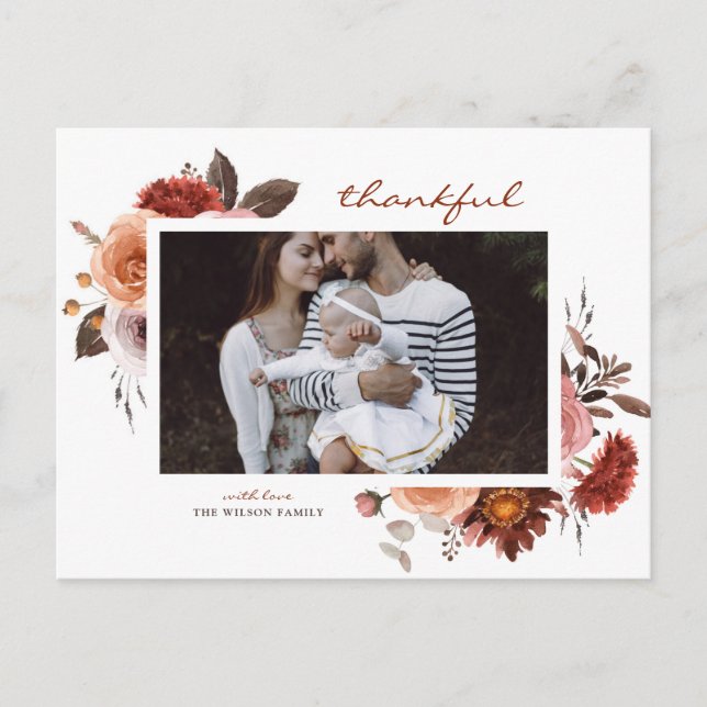 Rustic Watercolor Fall Floral Photo Thanksgiving Holiday Postcard (Front)
