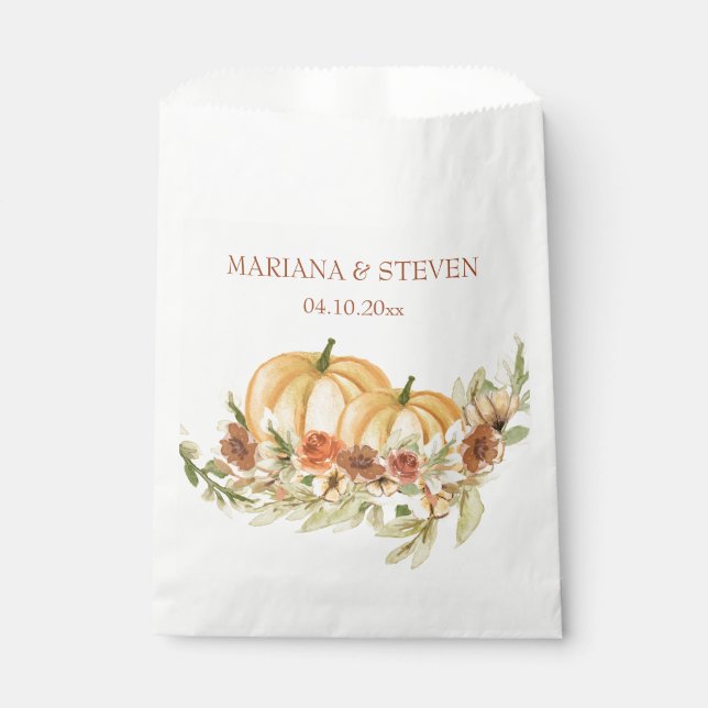 Rustic Watercolor Fall in Love Pumpkin Wedding Favour Bags (Front)