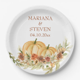 Rustic Watercolor Fall in Love Pumpkin Wedding Paper Plate