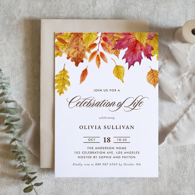 Rustic Watercolor Fall Leaves Celebration of Life Invitation ( Autumn Watercolor Leaves Celebration of Life Invitation with Matching Back Pattern)