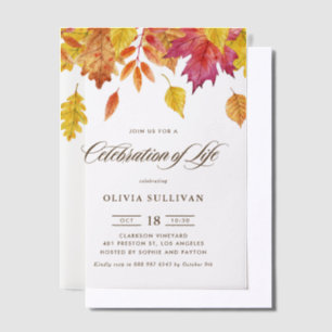 Rustic Watercolor Fall Leaves Celebration of Life Vellum Invitations