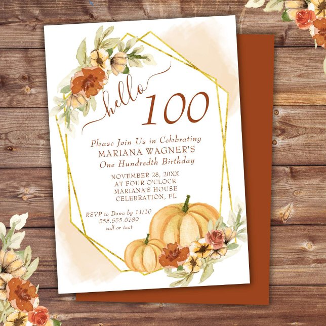 Rustic Watercolor Fall Pumpkin 100th Birthday Invitation (Creator Uploaded)