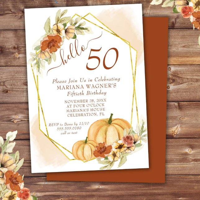 Rustic Watercolor Fall Pumpkin 50th Birthday Invitation (Creator Uploaded)
