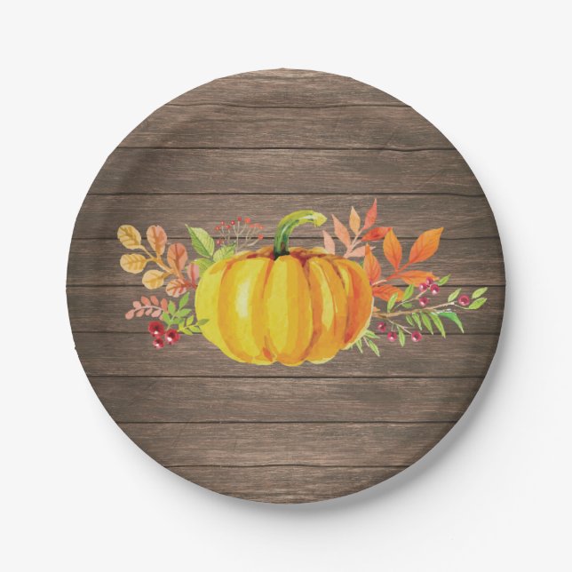 Rustic Watercolor Fall Pumpkin Autumn Paper Plate (Front)