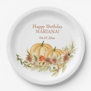 Rustic Watercolor Fall Pumpkin Birthday Party Paper Plate