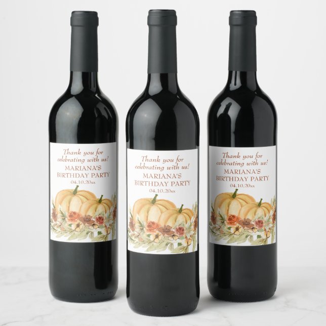 Rustic Watercolor Fall Pumpkin Birthday Party Wine Wine Label (Bottles)