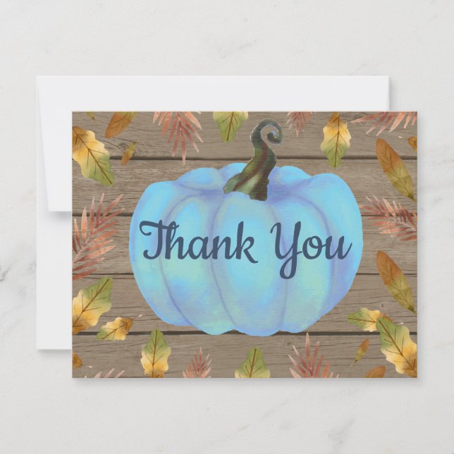 Rustic Watercolor Fall Pumpkin Blue Thank You card (Front)