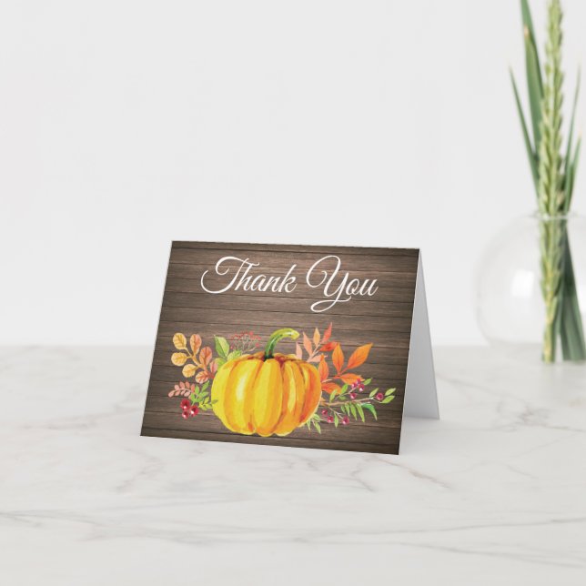 Rustic Watercolor Fall Pumpkin Thank You card (Front)