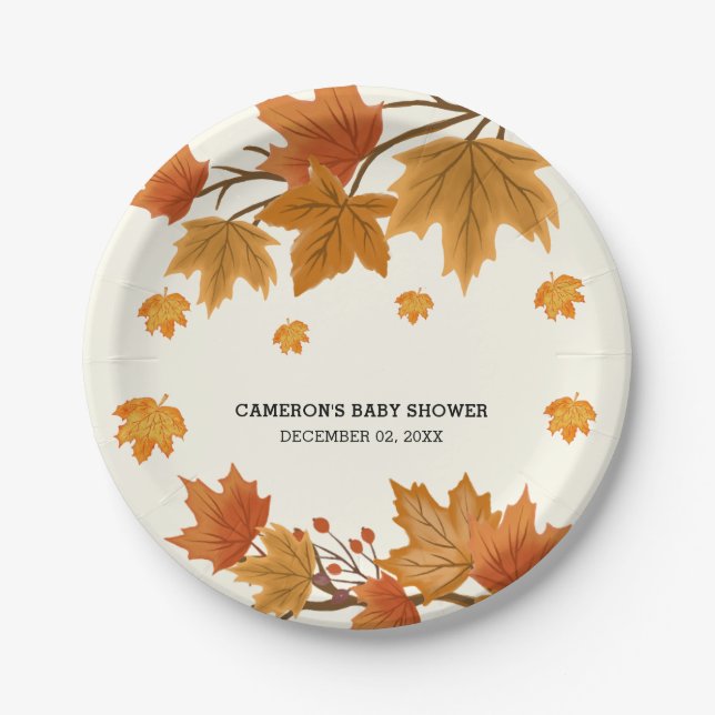 Rustic Watercolor Falling Leaves Autumn Party Paper Plate (Front)