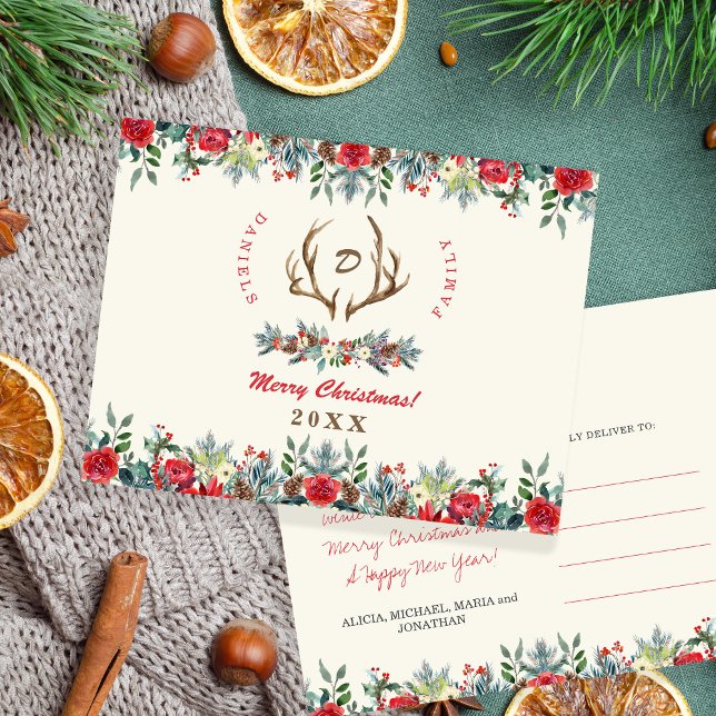 Rustic watercolor family name monogram Christmas Postcard (Creator Uploaded)