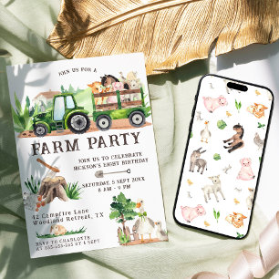 Rustic Watercolor Farm Animals Kids Birthday Invitation