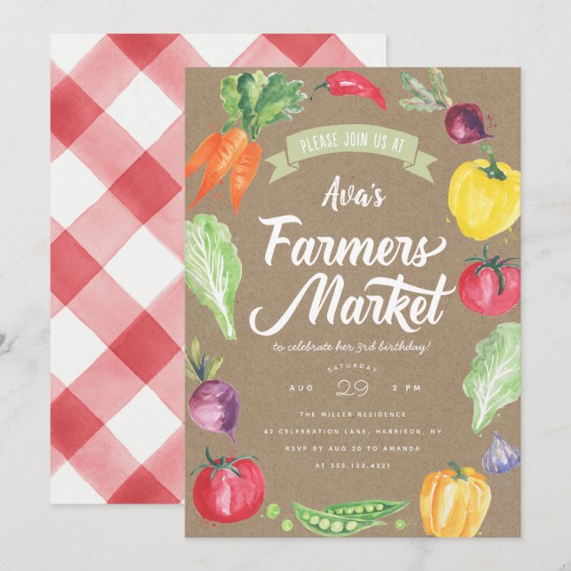 Rustic  Watercolor Farmers Market Birthday Party Invitation (Front/Back)