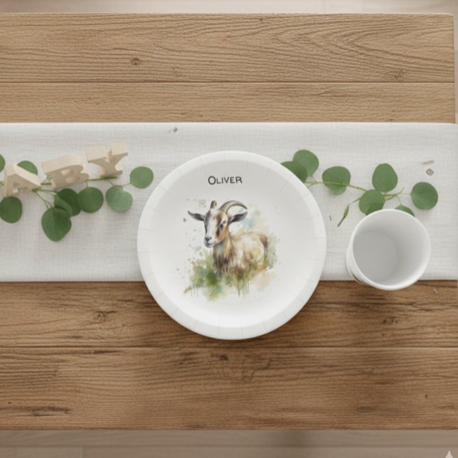 Rustic Watercolor Farmhouse Goat Baby Shower Paper Plate (Creator Uploaded)