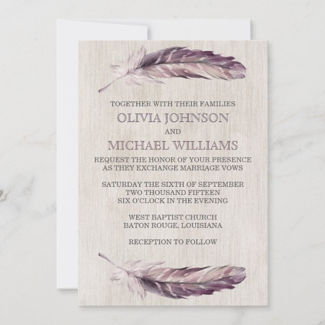Rustic Watercolor Feathers Wedding Invitations (Front)