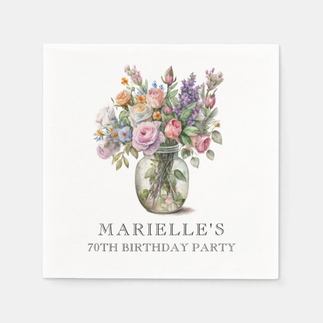 Rustic Watercolor Floral 70th Birthday  Napkin (Front)