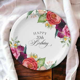 Rustic Watercolor Floral 70th Birthday Party Paper Plate