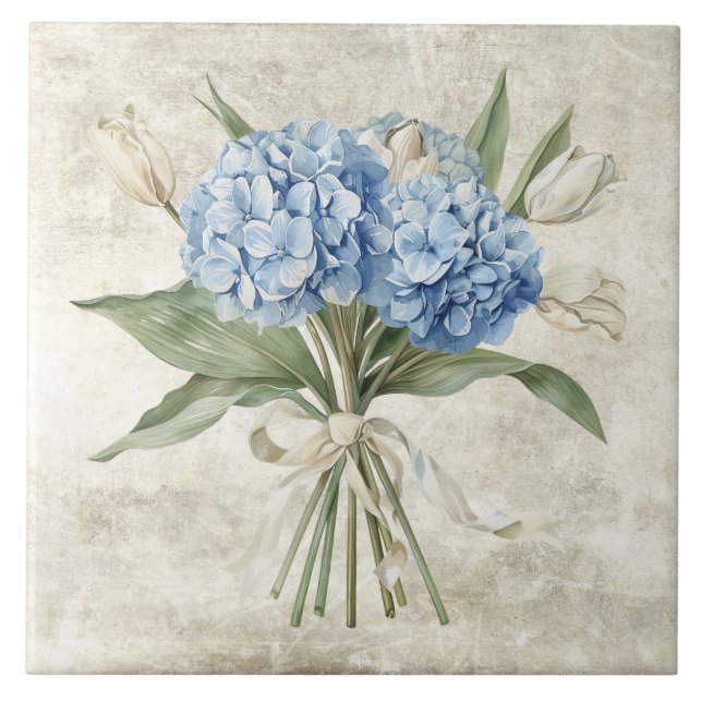 Rustic Watercolor Floral Blue Hydrangea  Tile (Front)