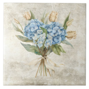 Rustic Watercolor Floral Blue Hydrangea Tile